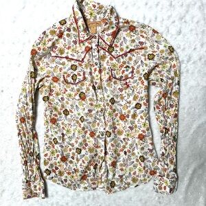 Floral Western Button-Up Shirt in White with Orange & Green Accents